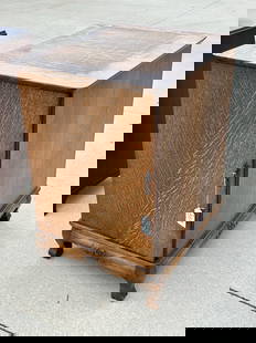 Large Two Door Double Sided Disc Record Cabinet: Possibly a dealer showroom cabinet. Divided record storage. Measure 34"w x 28.5" d x 23"w