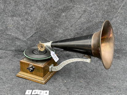 Columbia Disc Front Mount Phonograph: Reproducer, crank, brass bell horn.