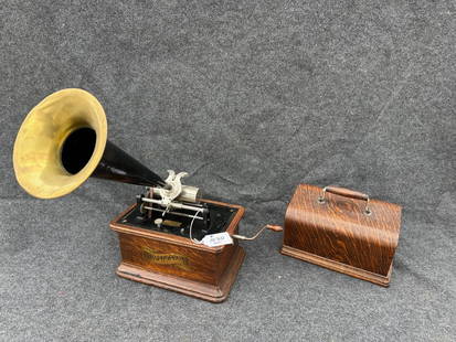 Columbia Cylinder Phonograph: Lyric reproducer, Crank and cover. Brass bell Horn.