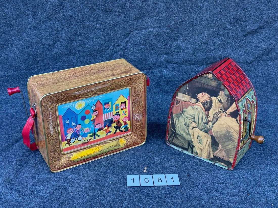 Two Child Hand Crank Music Toys: Tippee-Tim "The Dancing Monkey" and J.Chein Tin Lithograph Church Organ Toys