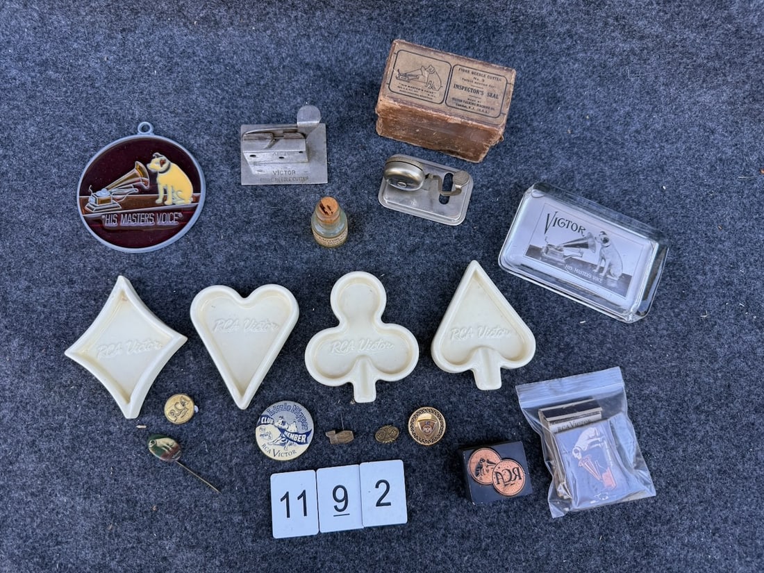 RCA Victor Advertising Items: Needle Cutter, trays, paperweight, pins, etc.