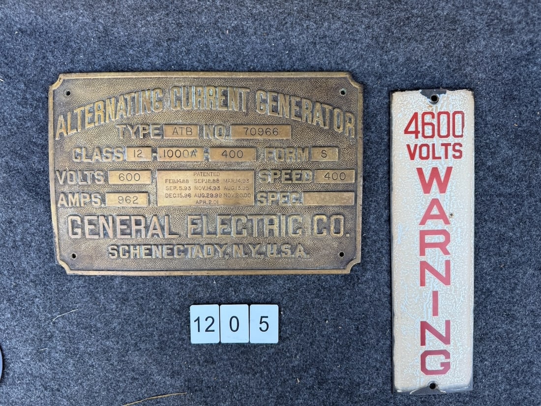Brass GE Alternating Current Generator Plate and 4600 Volts Warning Porcelain Sign. (1 of 2)