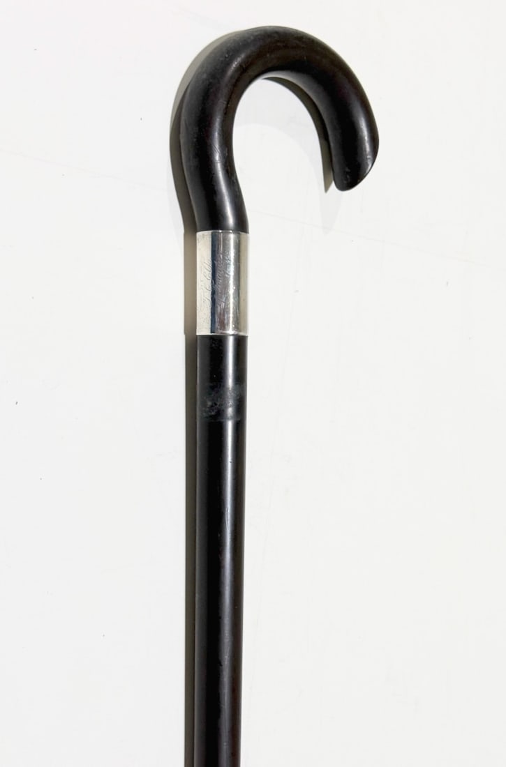 Presentation Cane. C1860: 35.5" Gutta-Percha, Steel and Brass Ferrule, Silver , Shepherd's Crook Handle