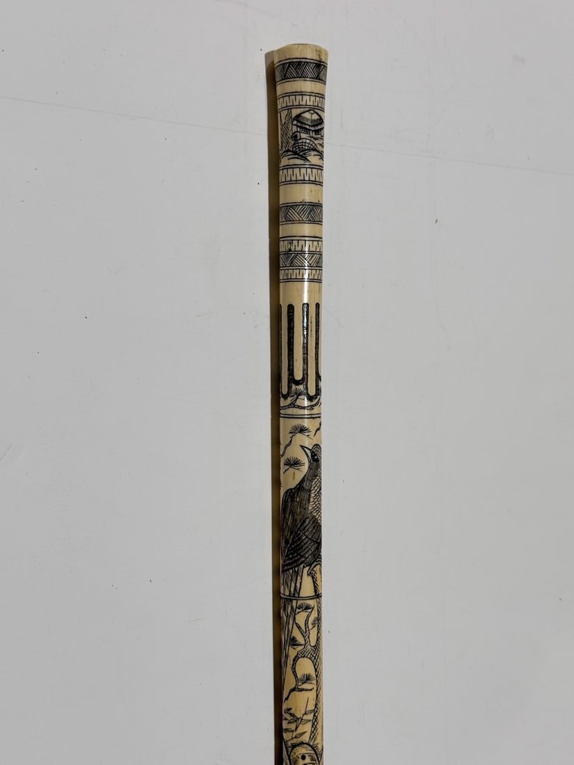 Hand Engraved Entirely Bone -Mint Condition- Birds And Feather Theme C1900: 35.5" Bone, Brass and Steel Ferrule