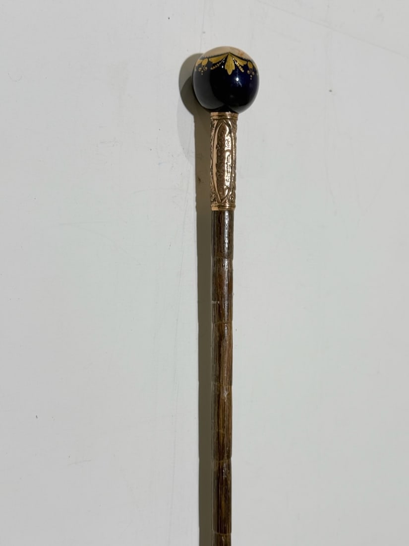 Presentation Cane- Porcelain Ball With 2 Cherubs, Gold Embossed. Meissen Style C1880 (1 of 4)