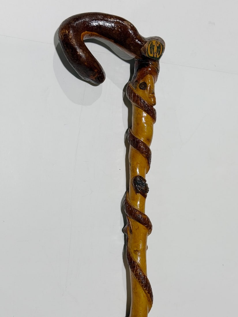 Folk Art Cane - Two Tone Carved Staff- Snakes, Frogs Hand Drawn  Birds (1 of 5)