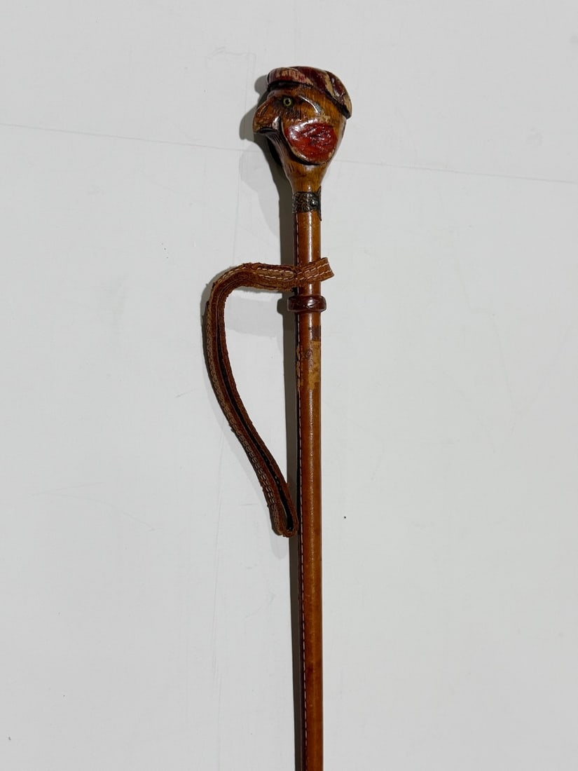Gadget Riding Crop Cane. Leather. Turkey Carved Wood.For Hunting. C. 1880: 36" Leather, Brass and Steel Ferrule