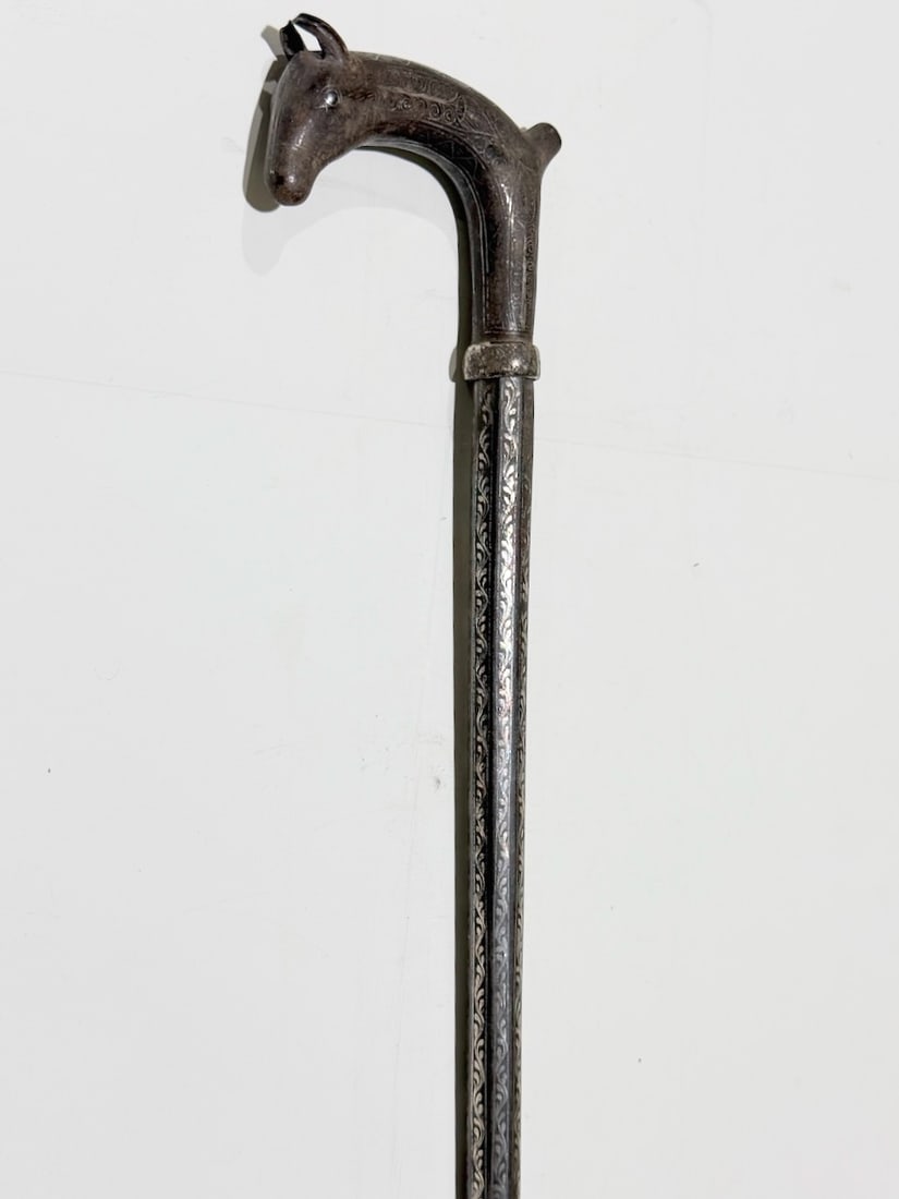Persian Dagger Cane Cowhead Shaped And Engraved Shaft With 925 Inlay. Cane Screws Apart To Be Able (1 of 6)