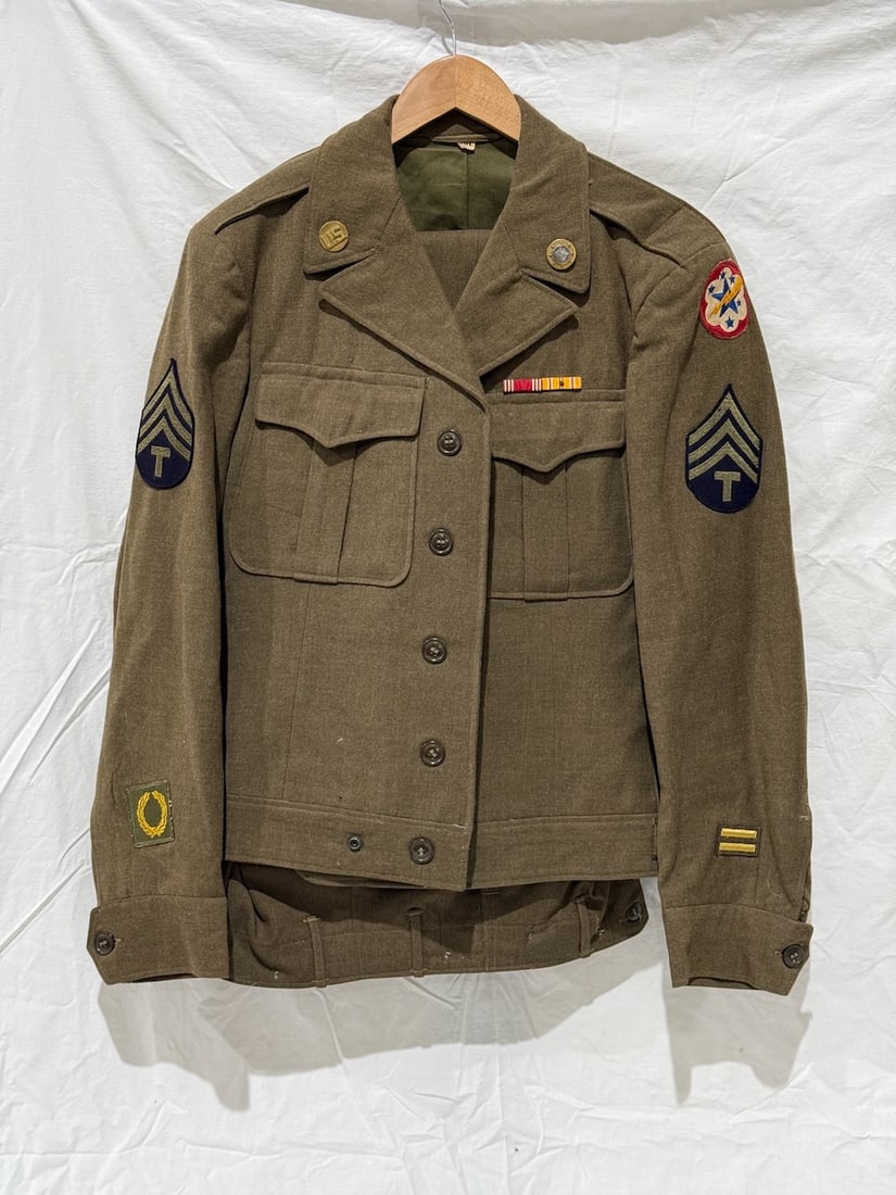 U.S. Army WWII Wool Blazer and Pants: US Army Arm Forces West Pac patch, Army tech patch, pins and chevrons.