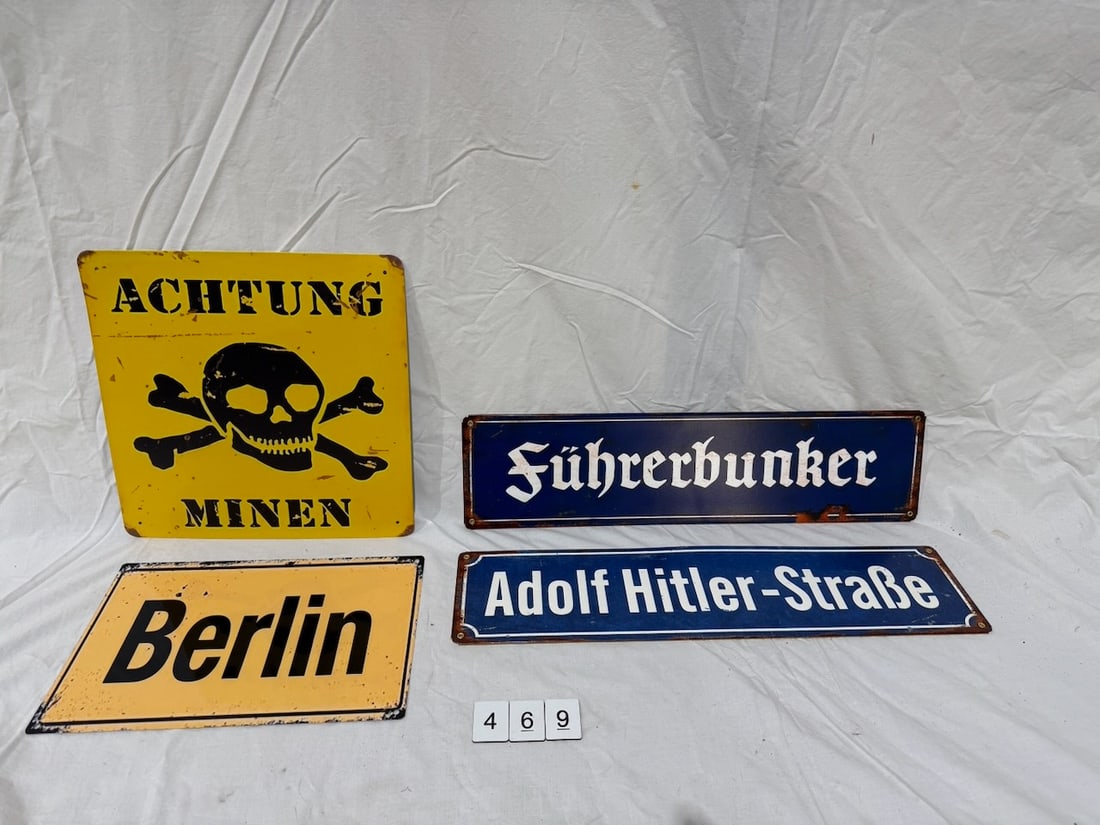 Four Metal Reproduction German Signs: Blue 20" x 5" , Skull 11.75" sq One Lot