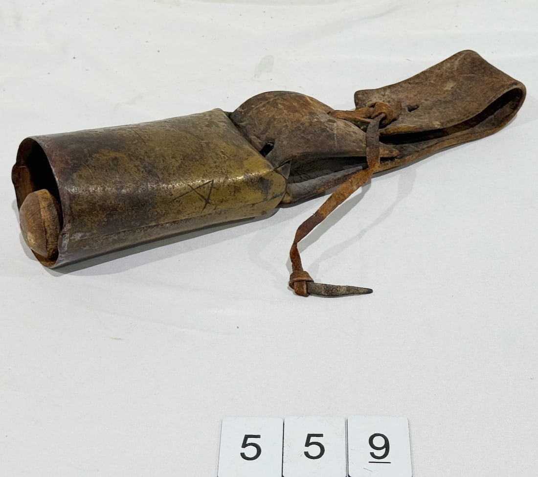Early Cow Bell with original Leather strap and wood Clapper (1 of 4)