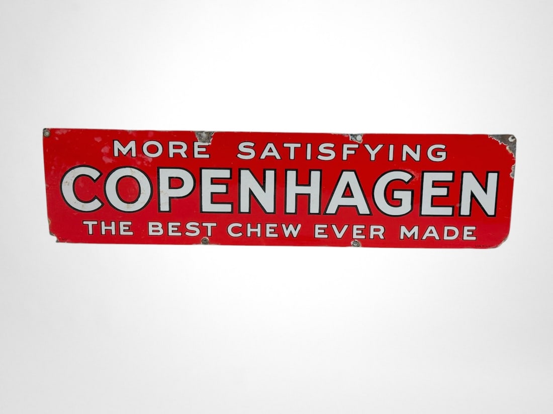 Copenhagen Porcelain Sign: SSP, "More Satisfying Copenhagen" - "The Best Chew Ever Made" 23"w x 5.75" h