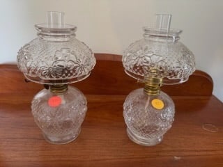 A Pair of Miniature Oil Lamps: Cosmos Pattern; both with original matching shades
