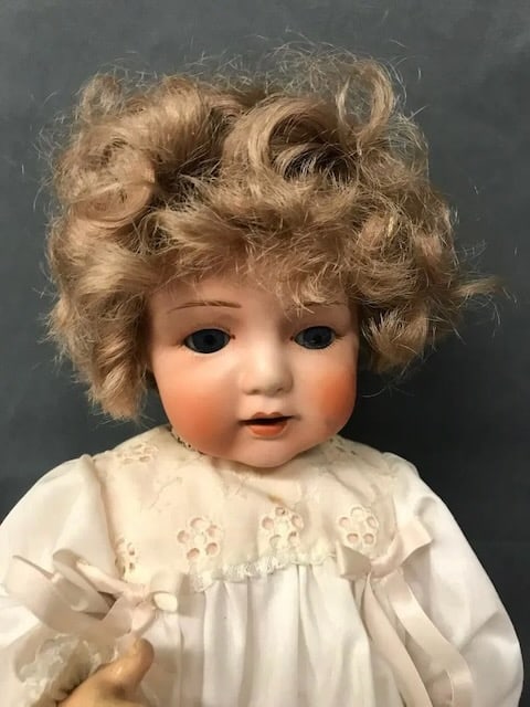 Bisque Doll: Bent limb, blue sleep eyes (cracked), open mouth, 14" tall
