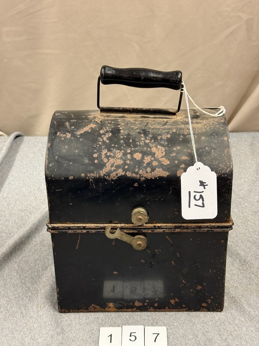 Rare Piece from Edison Laboratory: Described by Don Gfell as possibly an experiment case. Tin with dome cover and bail. 9x7x10 tall