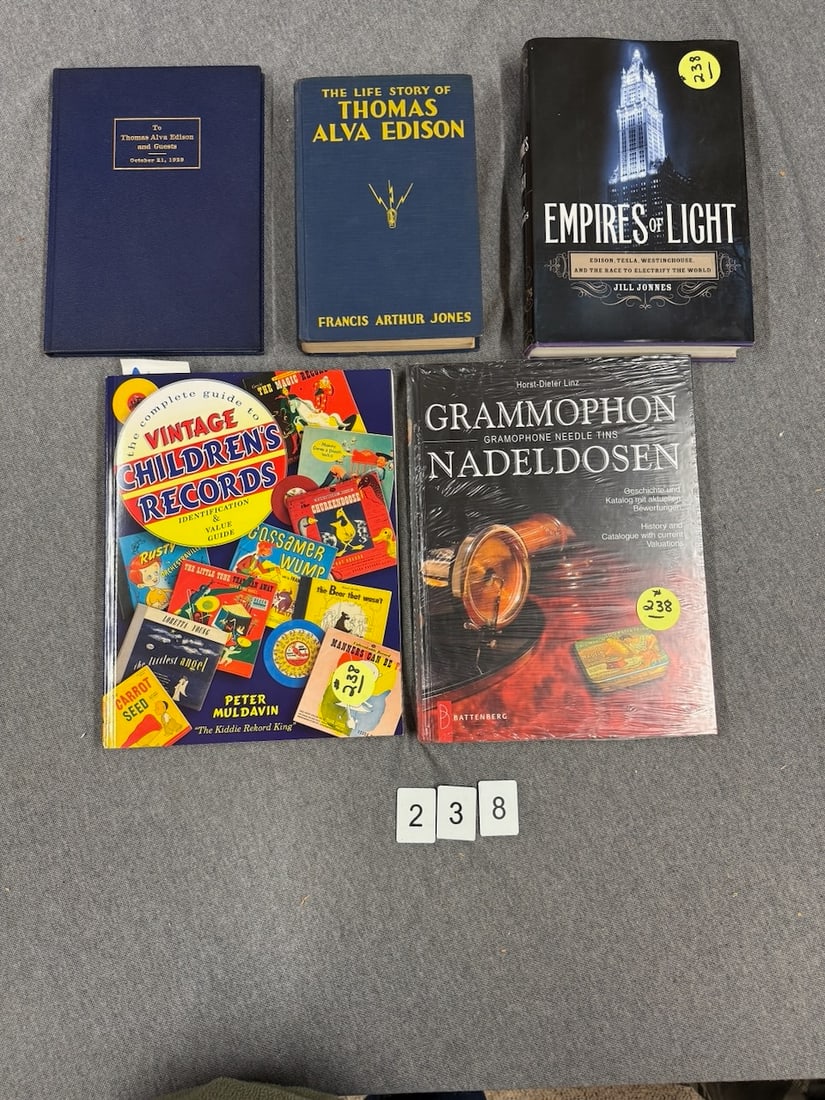 Books and Literature: Thomas Edison and Guests 1929; TA Edison; Empires of Light; Grammophon and Needle tins; Children's records