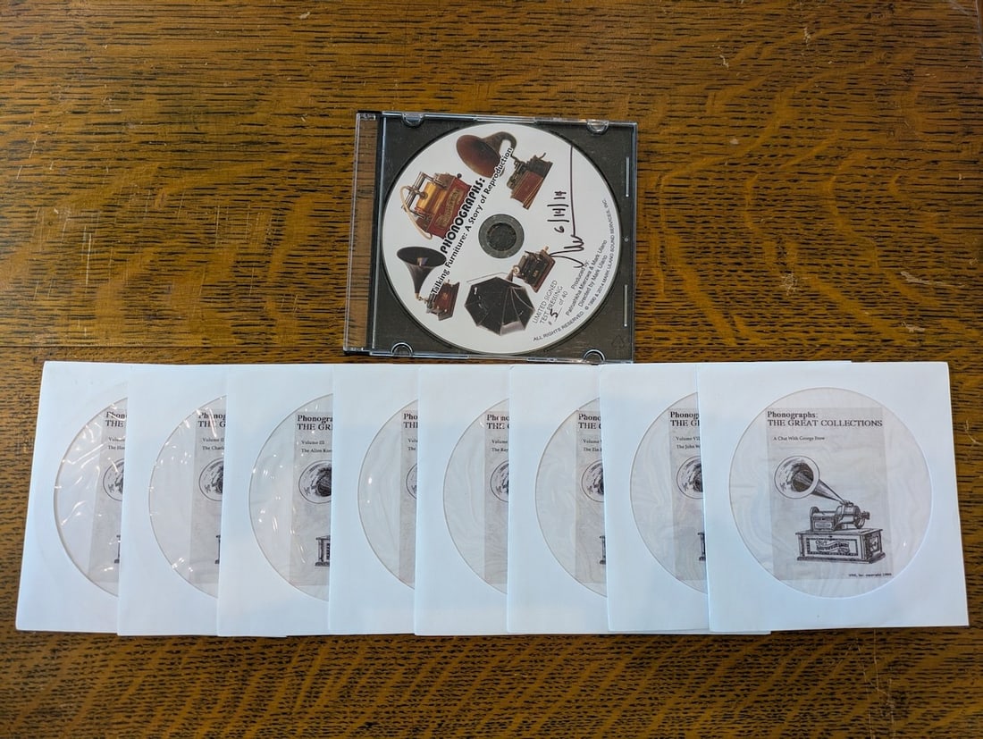 All 8 Great Collections videos on DVD and Talking Furniture on DVD: These were issued in the 1990's and contain wonderful examples of the best phonographs and talks with the Great Collectors. Each about 20 minutes long. These have long been out of distribution.
