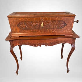 Mermod Freres Oak Coin-Op Cylinder Music Box with Matching table.