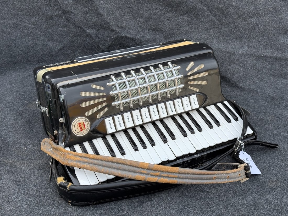 Italian Imperial Velvetone Accordion: Black and white. Made by Imperial, Italy