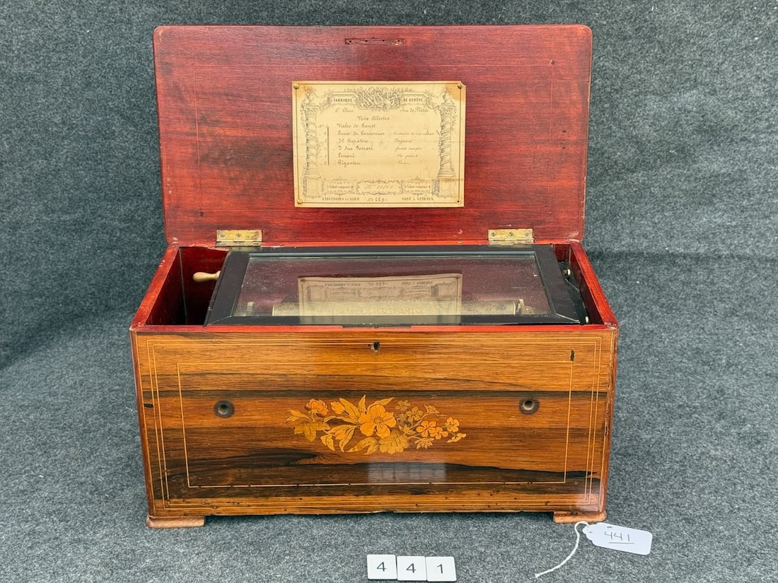 Swiss Cylinder Organ Music Box: 6 Tune. Two broken teeth, inlaid case.