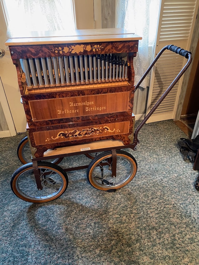Hofbauer Harmonipan Barrell Organ: 37 note.wood case with inllays, includes cart.