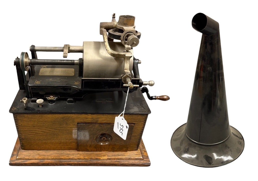 Edison Concert Cylinder Phonograph: Includes a Rare Bettini reproducer. 5" mandrel. Has crank. No cover. Has a reproduction horn that fits the Bettini reproducer