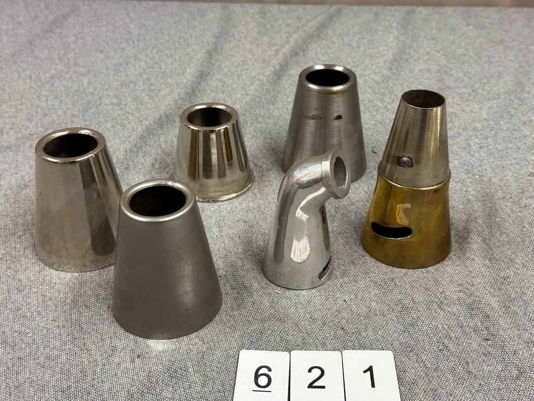 Group of horn ends, collars and reducers: One lot. Also a recast elbow for a Victor !.