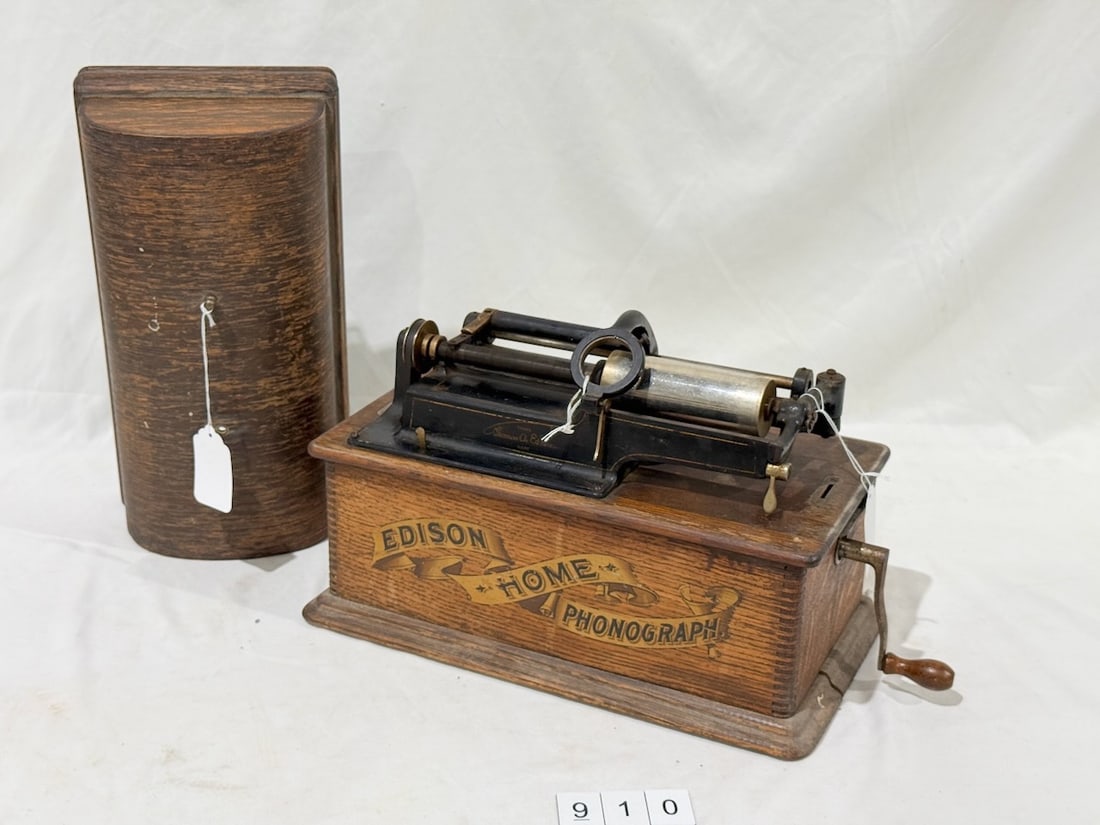 Edison Home Cylinder Phonograph: Missing hinges, reproducer, and bail. SN-H154616