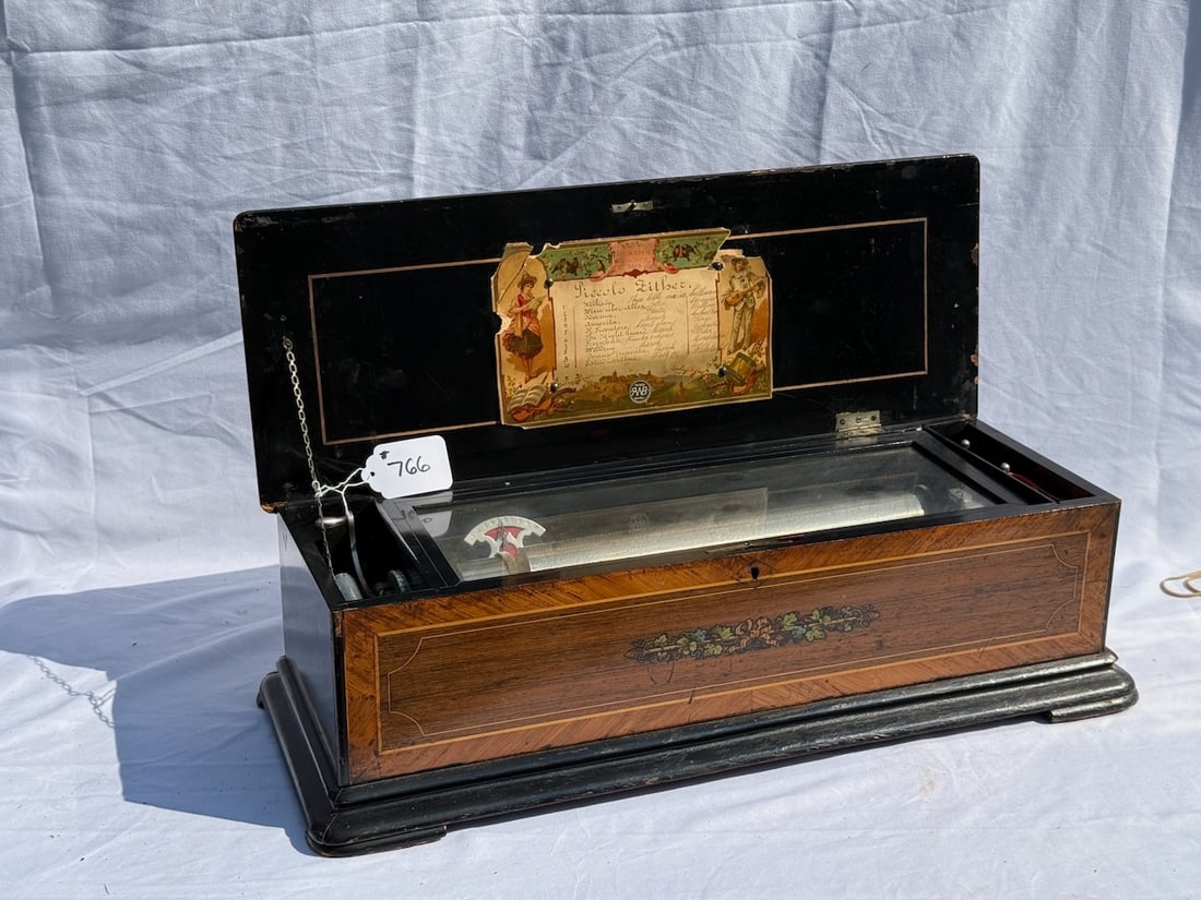 13" Piccolo Zither Cylinder Music Box: 10 airs, tune card, no broken teeth, inlaid case.