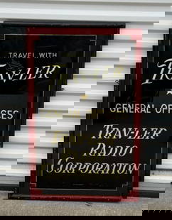 Tra-v-ler Reverse Painted Glass Advertising: Framed, 23"x 36"