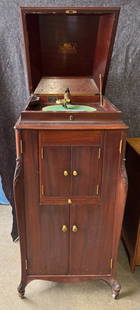 Victor Victrola VV-XVI L-Door Floor Model Disc Phonograph: Exhibition reproducer, no crank, full set of albums. SN-21005C. Some damage to case.