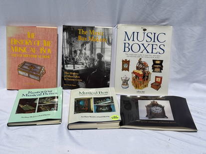 6 Music Box Reference Books: The History of The Musical box, The Music Box Makers, Music Boxes, Restoring Musical Boxes, Musical Box, and Music in Time. Onel Lot