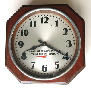 Western Union Octagon Wall Clock: Self-Winding Clock Co., Battery-Operated, includes pendulum15&rdquo; High x 15&rdquo; Wide