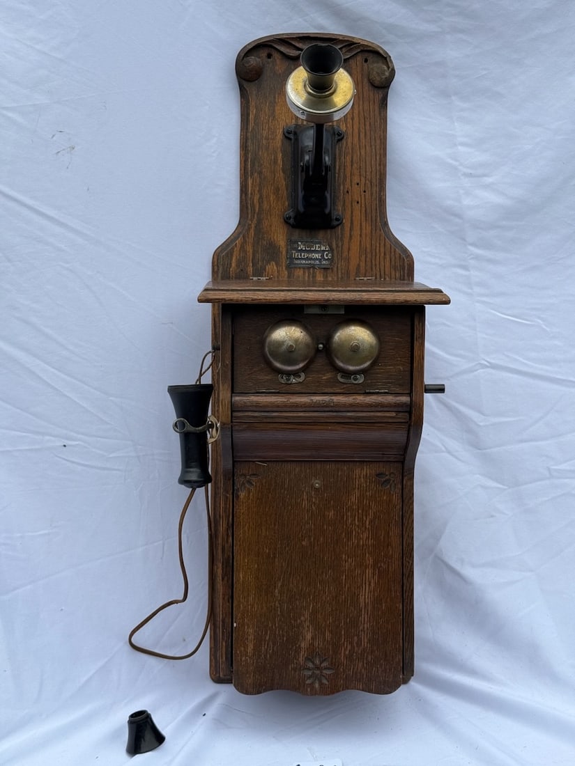 Modern Telephone Oak Fiddleback Telephone: Marked The Modern Telephone C., Indianapolis, Ind.,11"w x 33-1/4"h