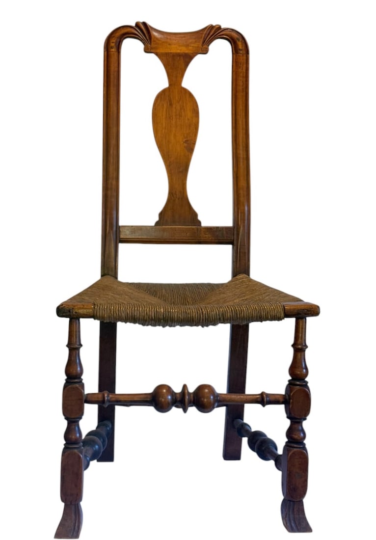 Queen Anne Chair: Circa 1750; excellent bulbous spindle turnings; 41" tall x 19-1/2 wide x 18 deep