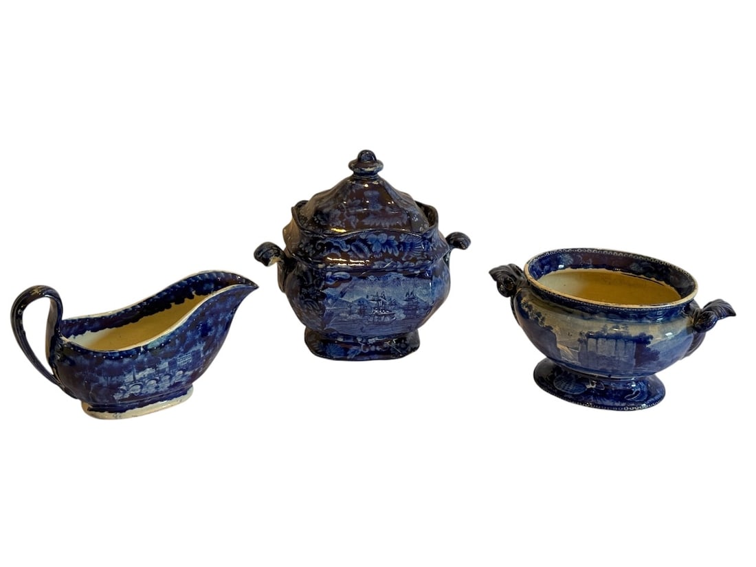 Historical Blue Staffordshire Covered Sugar Dish & Gravy Boat (1 of 3)