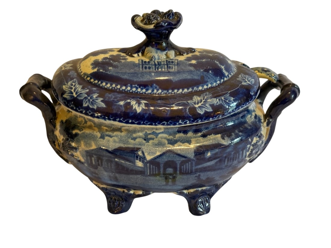 Historical Blue Staffordshire: Small covered tureen with ladle, measures 8-1/4" x 4-1/2" x 6" tall; Turkey Track in cover