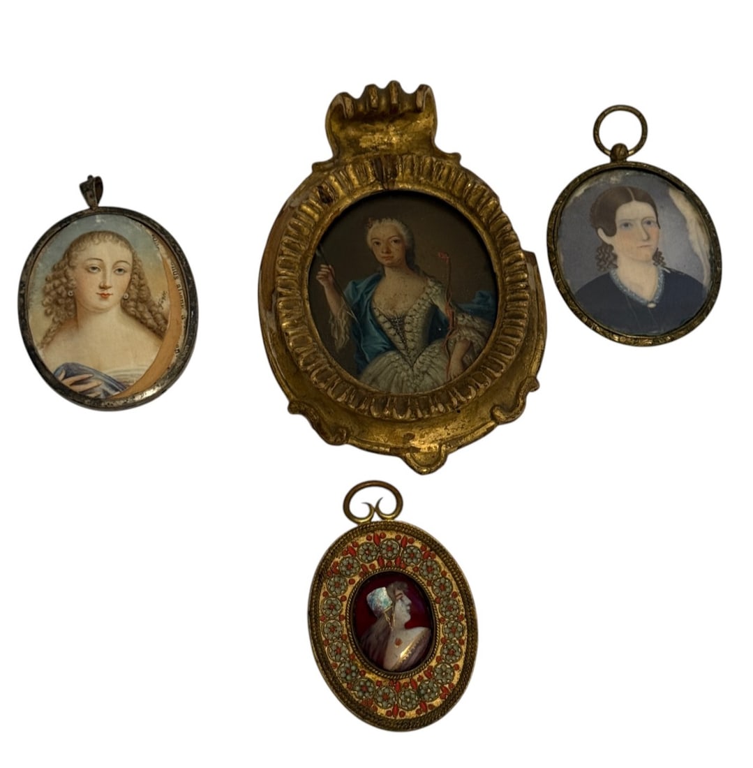 Group of Miniatures: 4 pieces total including an enamel portrait with mirrored back (mirror has a crack)