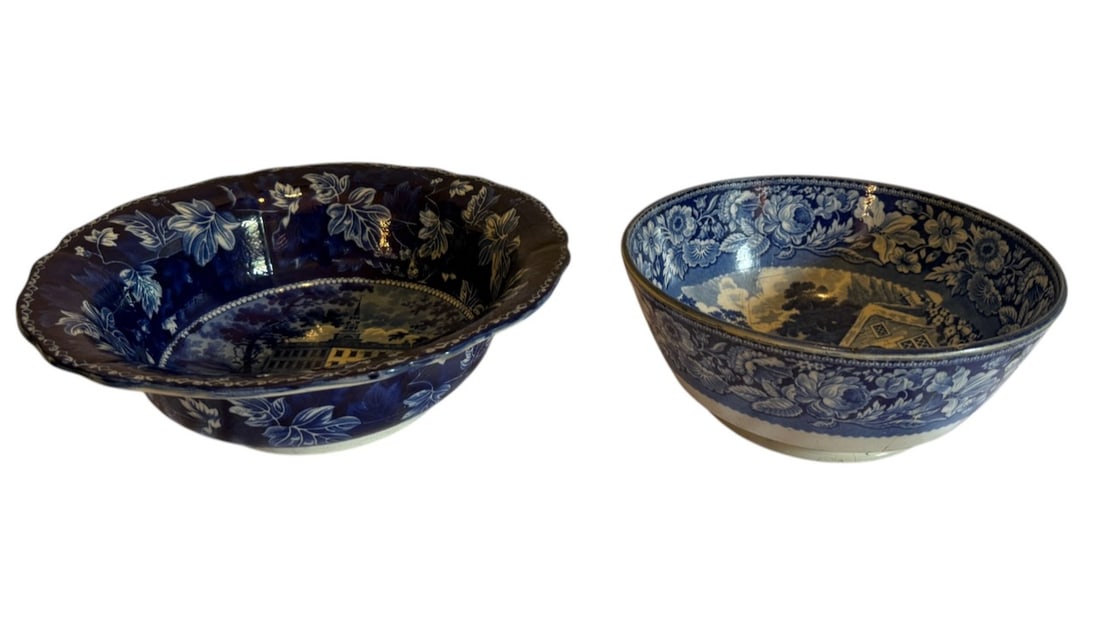 2 Historical Staffordshire Bowls: One is the Boston Athenaeum (this has been professionally restored); the second example is badly cracked and marked "Riley" on the bottom