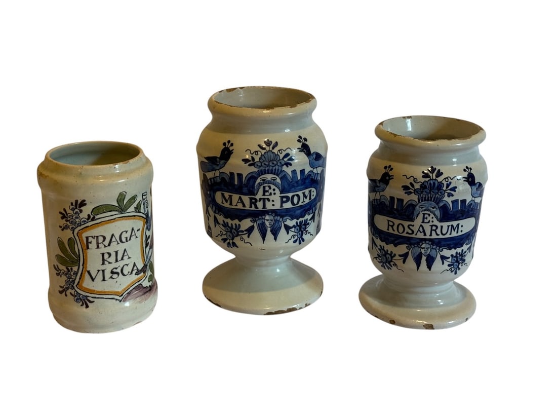 Apothecary Drug Jars: Delft Examples; 18th Century; 3 total. Flakes to rim and base