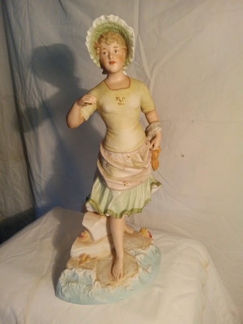 Victorian Bisque Bathing Beauty Statue: 15" tall; impressed mark of Round Globe w/Crown on Top