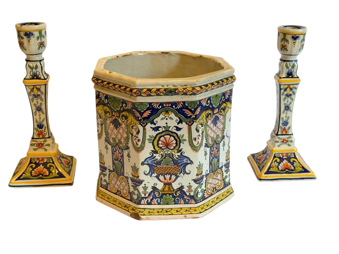 French Faience Cache Pot & Candlesticks (1 of 3)