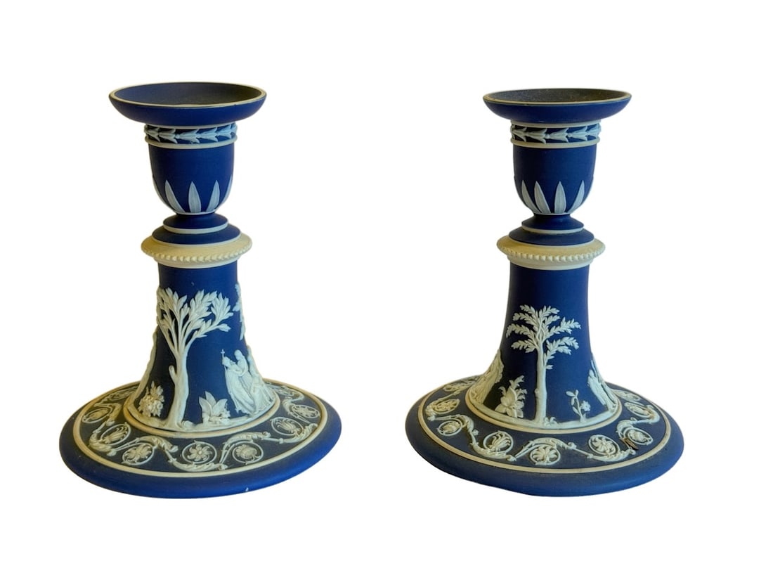 Pair of Wedgewood Candlesticks: Blue & White Jasperware; measuring 6" tall
