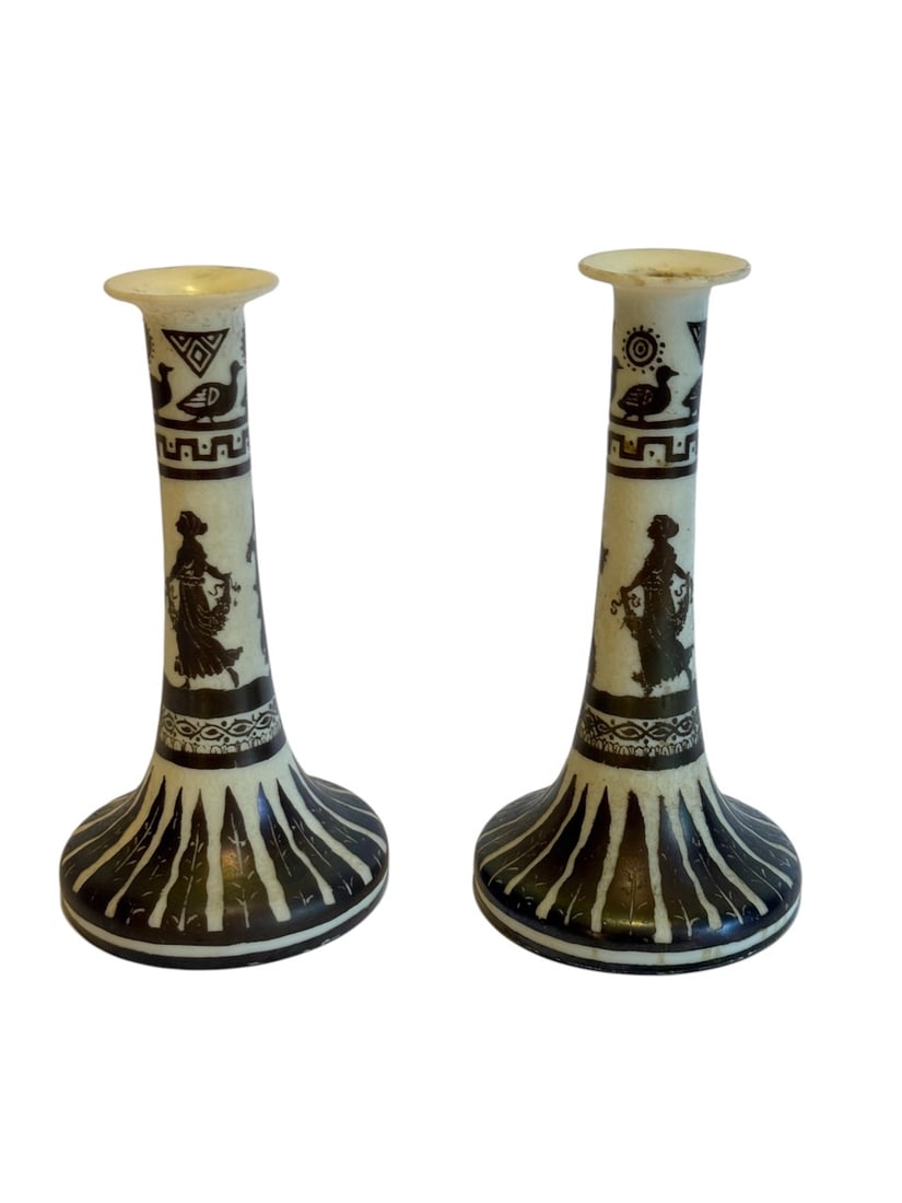 A Pair of Cameo Glass Candlesticks: The owner attributed these to "Stevens & Williams" Greek Ancient Style; 9" tall