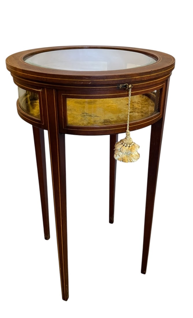 Round Inlay Jewelry Table: Double glass top; glass side panels (one cracked); top lifts for access; 30" tall; 18" diameter