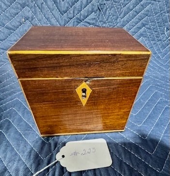 Inlaid Tea Box: Bone Escutcheon 5" wide; 4" deep; 5" tall; foil lined interior