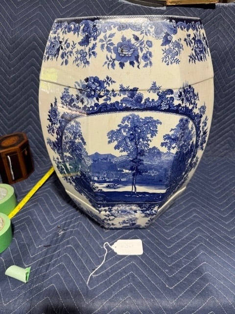 Blue & White Porcelain Garden Seat: 8 sided; scenic & floral decoration; 18-1/2" tall.x 14" wide; cut-out sides
