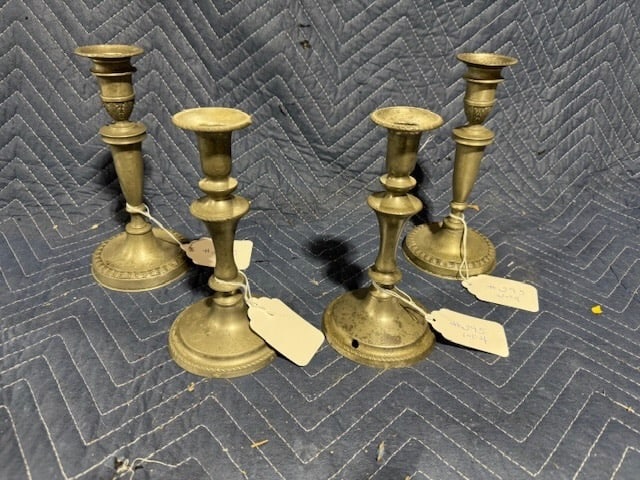 Group of Pewter Candlesticks: 4 total; tallest is 8-3/4"; 2 have removable Bobeche candle cups