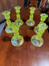 Three Pair of Canary Yellow Sandwich Glass Candlesticks