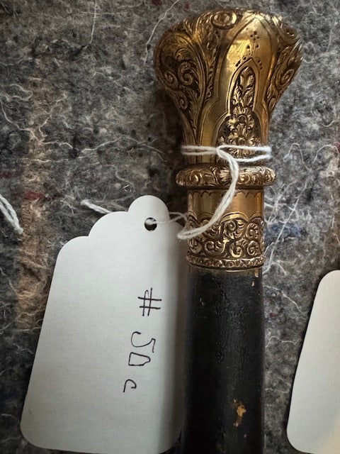 Embossed Gold-tipped Walking Stick: Engraved "J. SKOTZKY from his son, Abe". 33"
